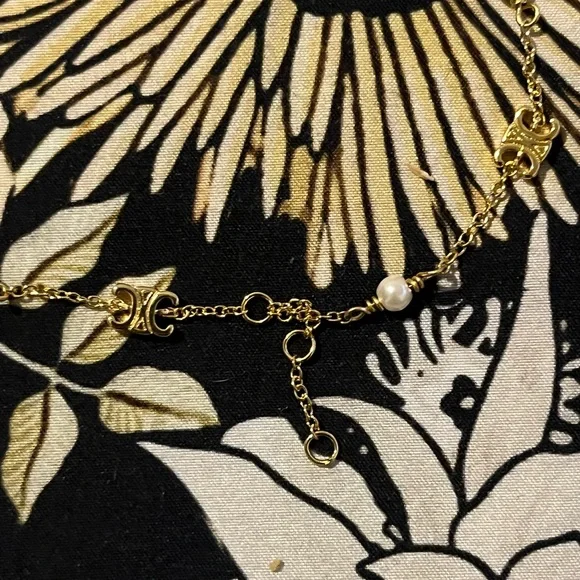 Celine Triomphe Pearl Chain Bracelet Gold Plated 7” Adjustable Dainty Designer - Picture 3 of 10